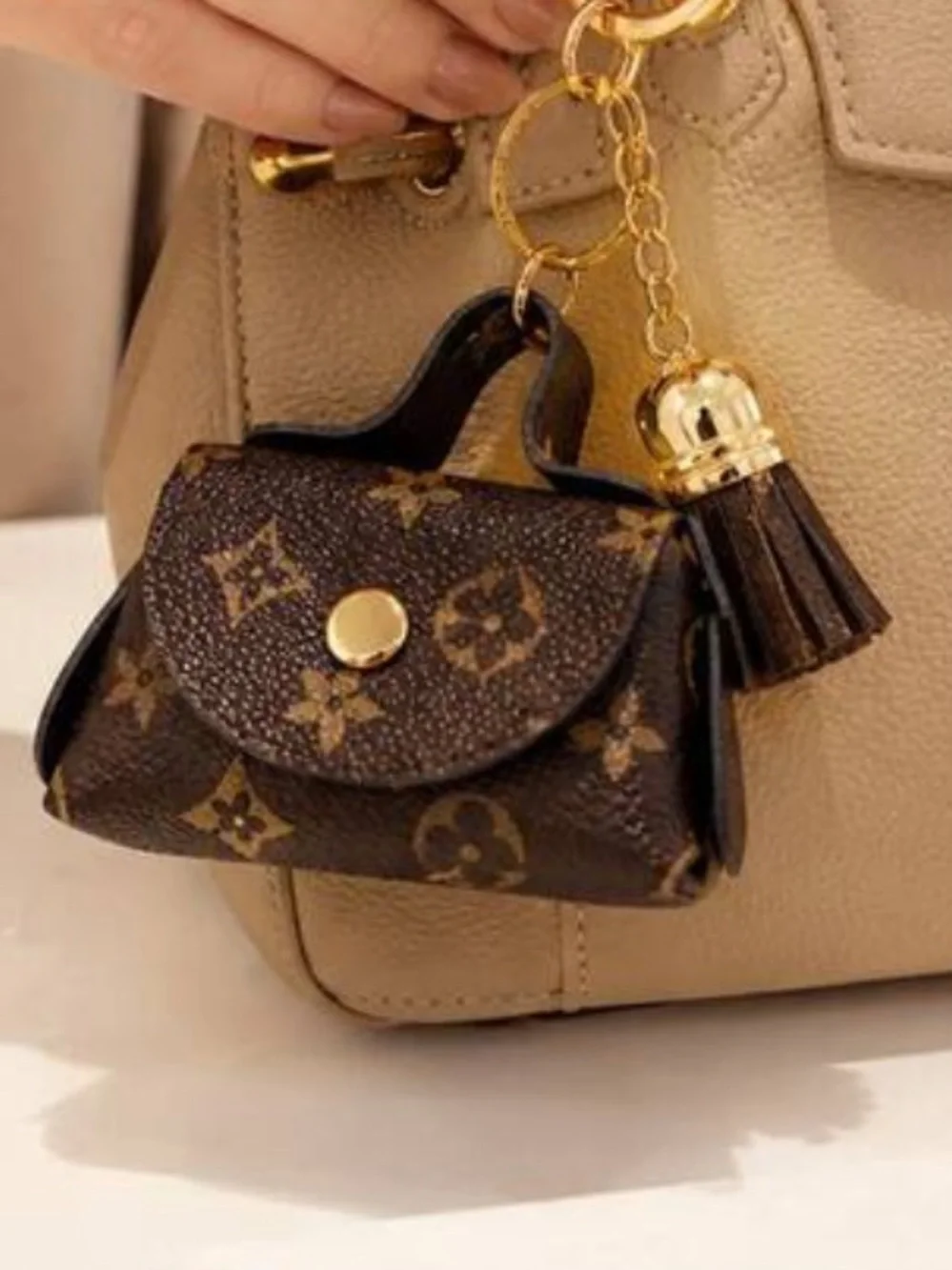 Brown Mini Bag Keychain with Gold Hardware